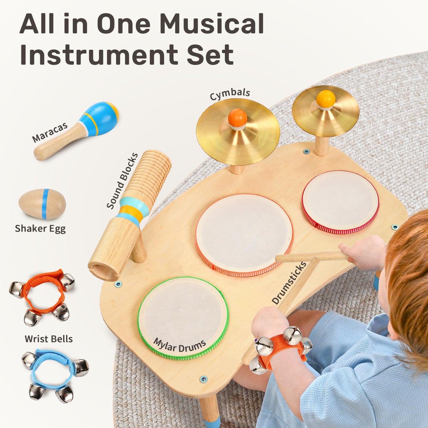 Side angle of the sturdy assembled wooden legs on the early rhythm development music table toy