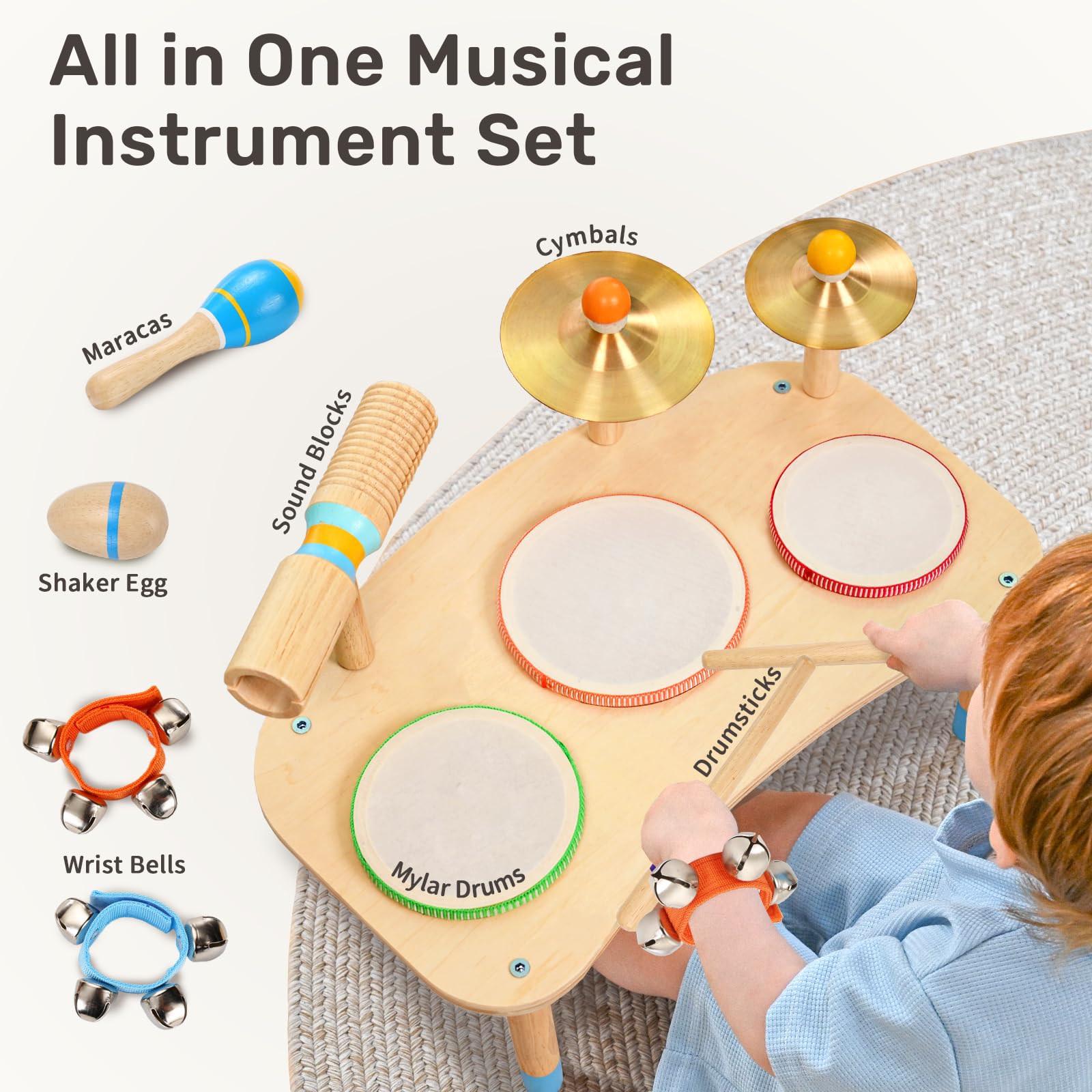 Side angle of the sturdy assembled wooden legs on the early rhythm development music table toy