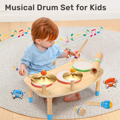 Two kid friendly smooth wooden drumsticks resting on the authentic imported wingyz toddler percussion set