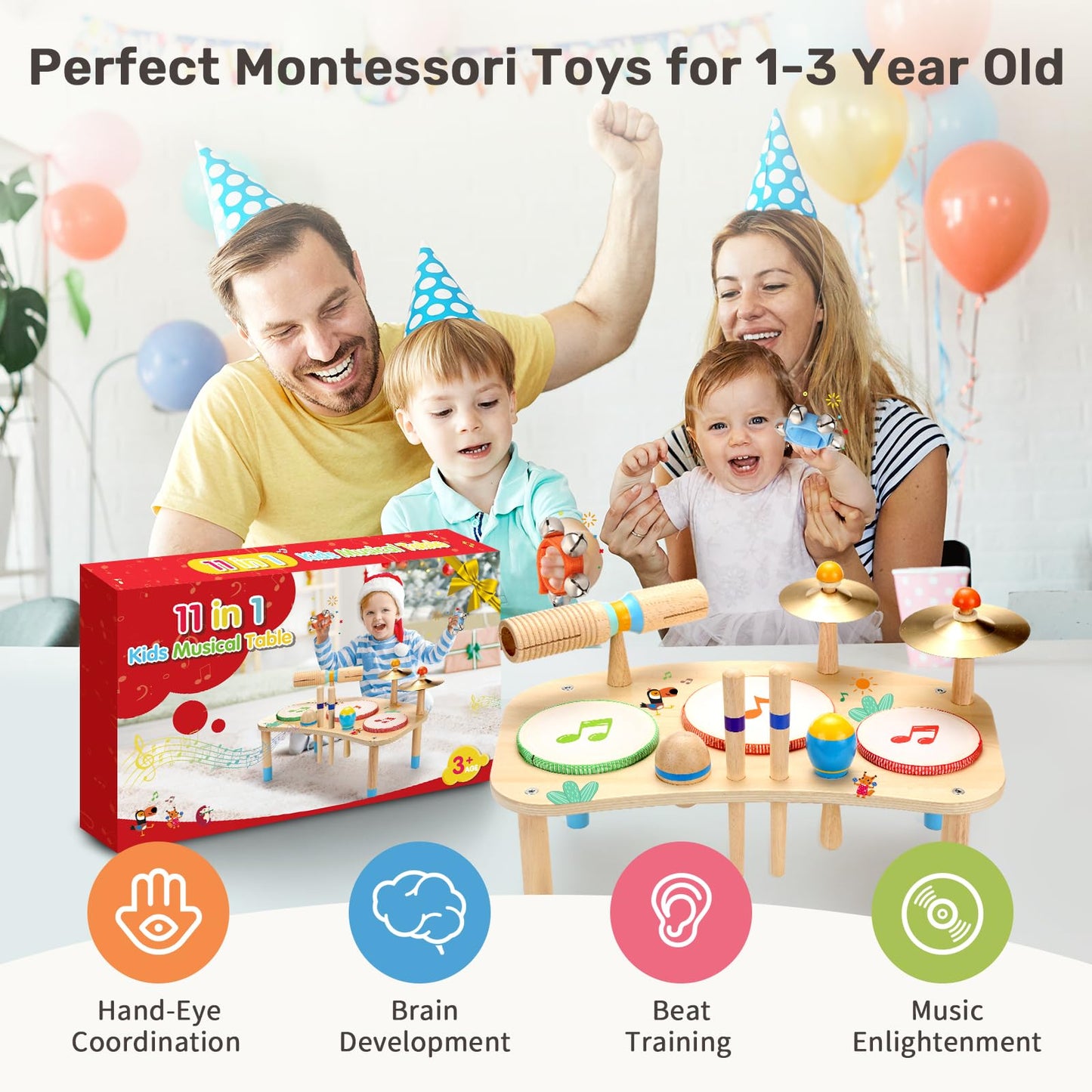 Top down perspective showcasing all eleven integrated toddler musical elements on the montessori play station