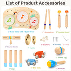 Packaging contents displaying the screws, washers, and tools required for quick assembly of the baby music set
