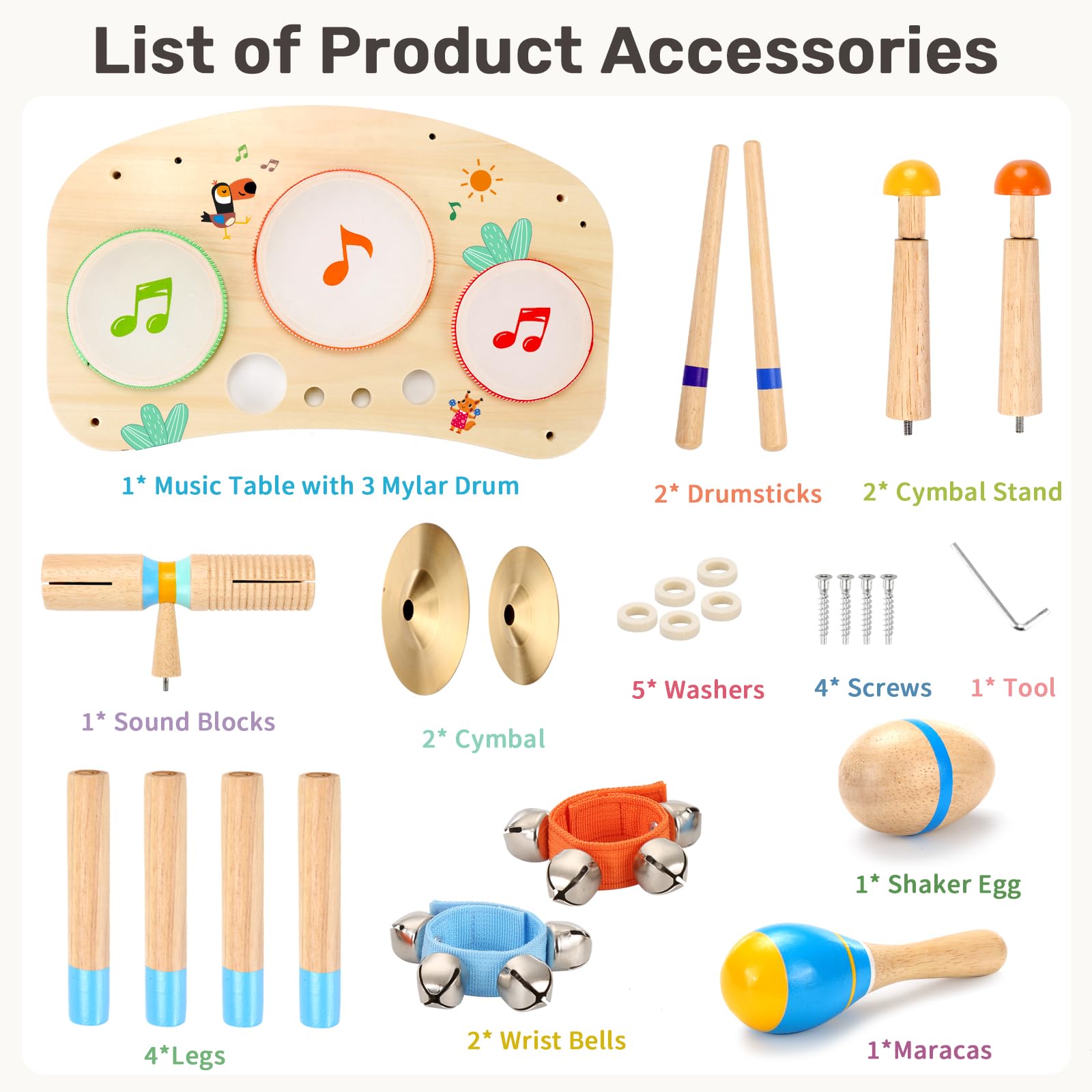 Packaging contents displaying the screws, washers, and tools required for quick assembly of the baby music set