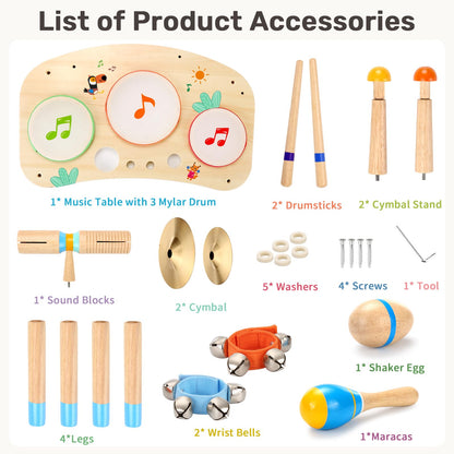 Packaging contents displaying the screws, washers, and tools required for quick assembly of the baby music set
