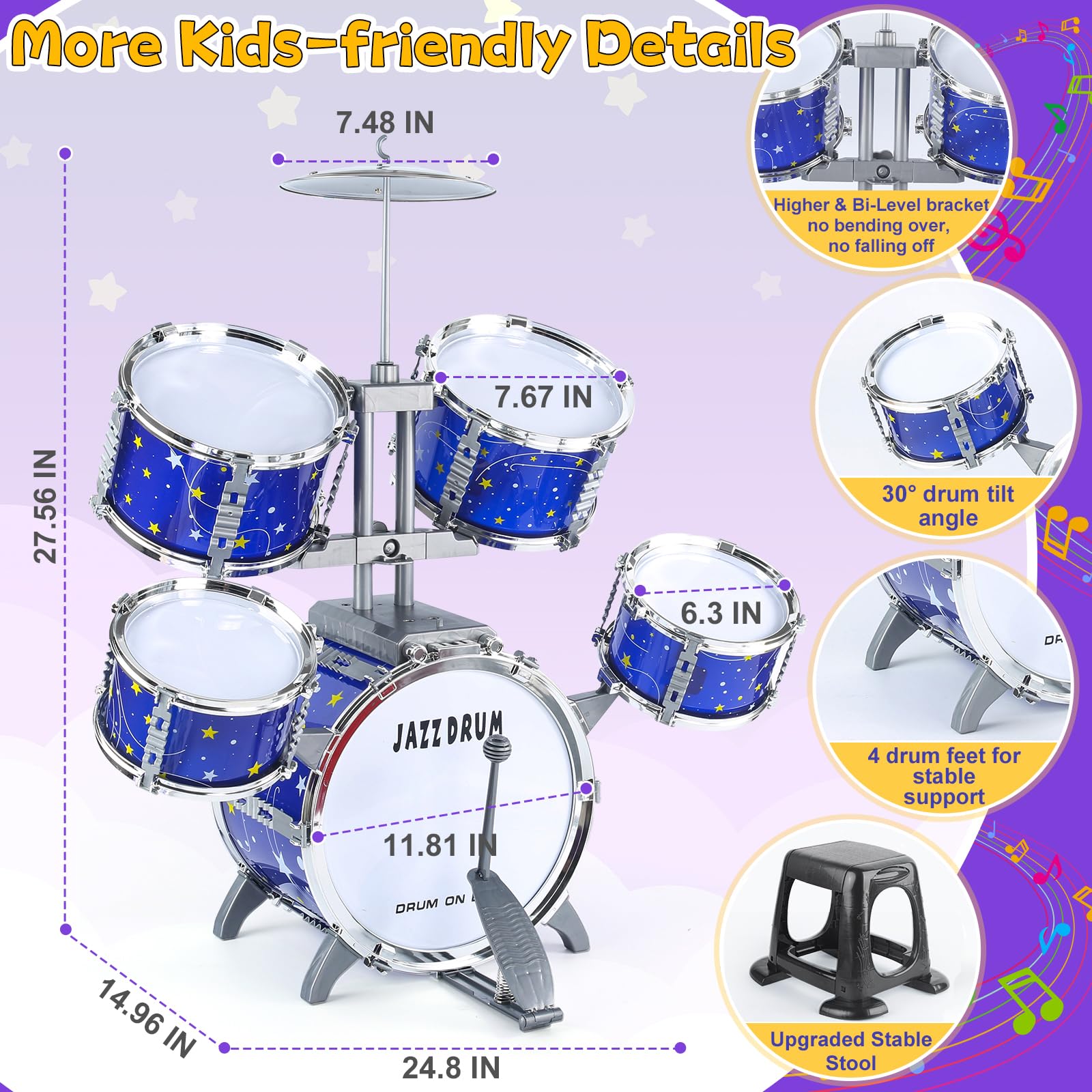 LinseyFun toddler jazz drum kit highlighting the flashing multi color LED lights during play
