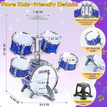 LinseyFun toddler jazz drum kit highlighting the flashing multi color LED lights during play