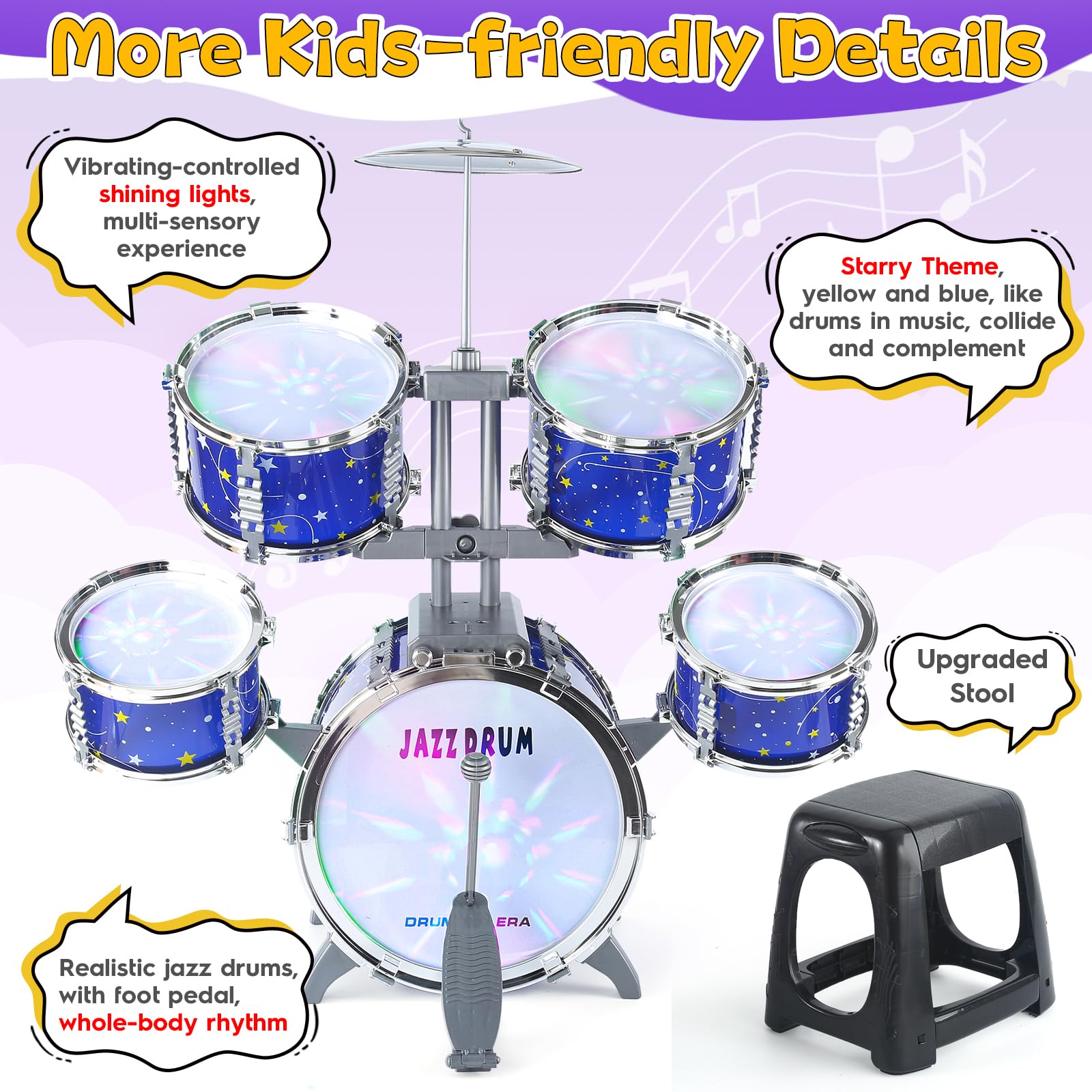 LinseyFun musical toy setup demonstrating the functional bass drum foot pedal mechanism