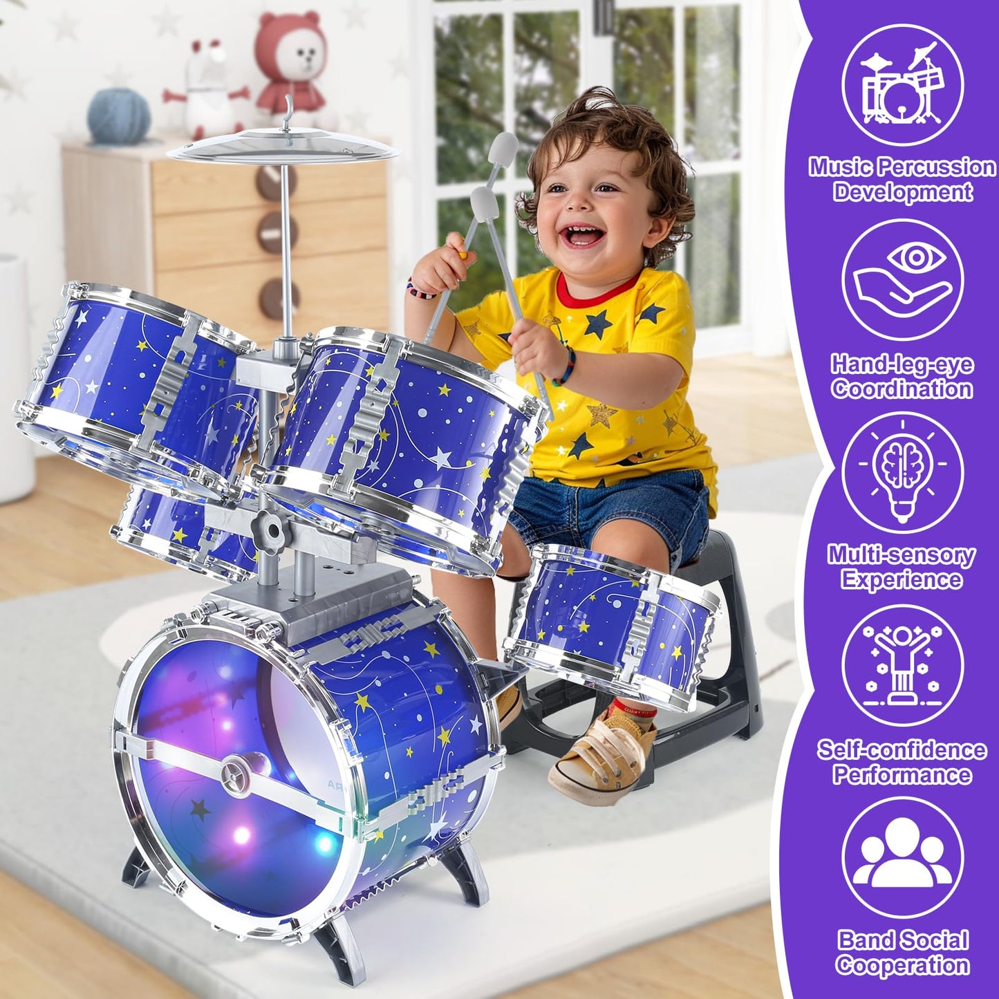 Side angle of the complete seven piece children percussion instrument with all plastic components