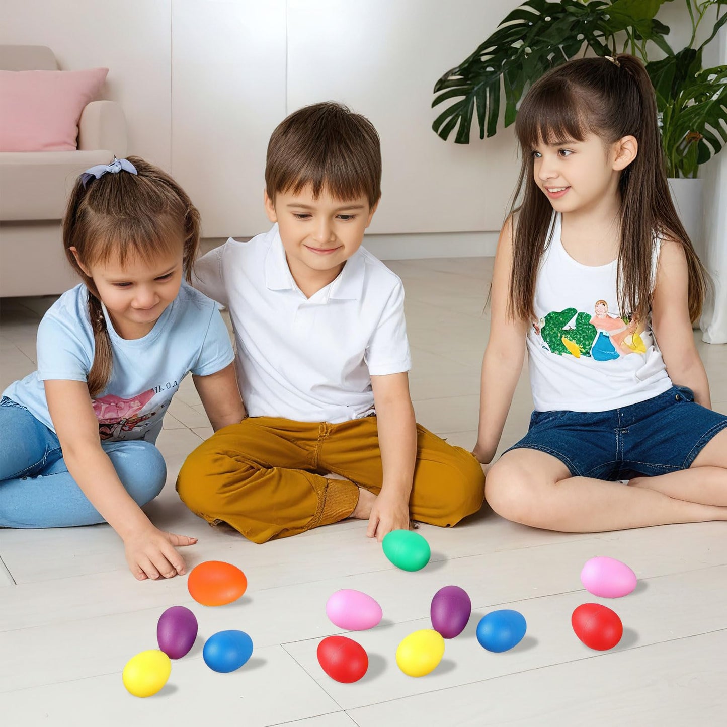 Augshy multi color musical egg toys displayed together showcasing the full fourteen piece collection.