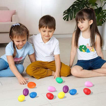 Augshy multi color musical egg toys displayed together showcasing the full fourteen piece collection.