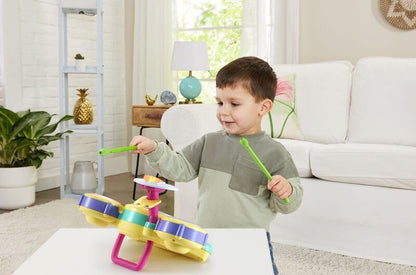 VTech Bluey drum kit toy showing the interactive buttons for memory game and dance party modes