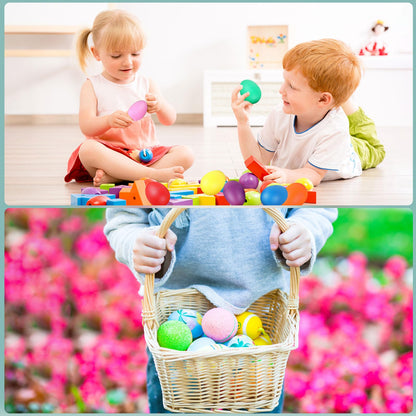 Augshy seven color percussion egg shaker set highlighting the sturdy child safe plastic construction.