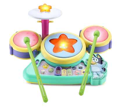 Underneath side profile of the VTech Bluey drum set highlighting the battery compartment