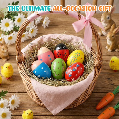 Close up shot highlighting the smooth solid wood texture and detailed non-toxic paint patterns of SallyFashion musical eggs.
