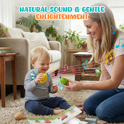 A child shaking the SallyFashion wooden rattle toys during an early childhood development music class.