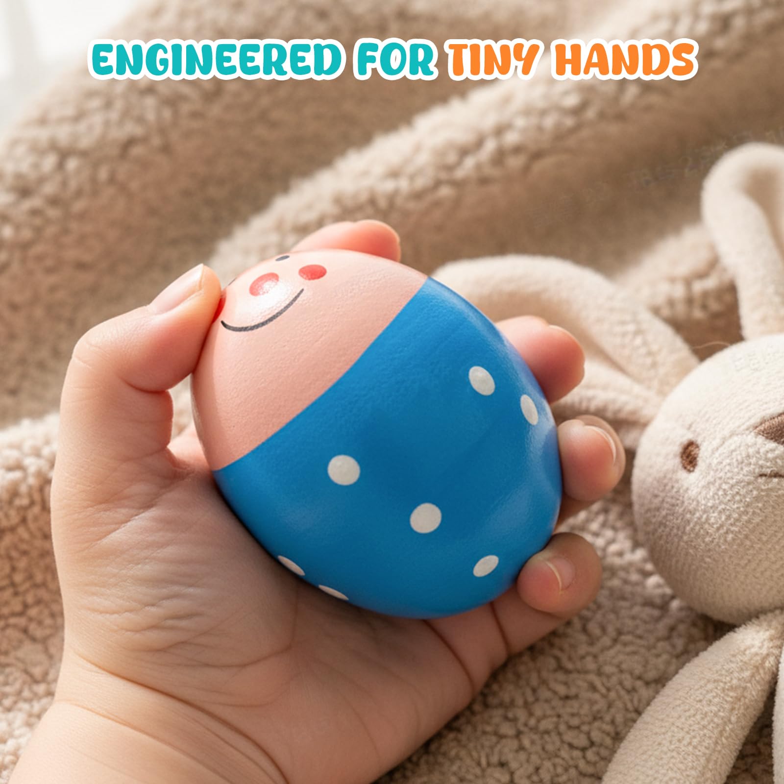 SallyFashion imported USA premium wooden toy eggs displayed alongside other children's percussion instruments.