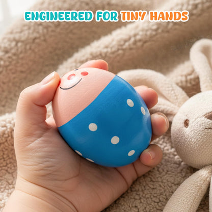 SallyFashion imported USA premium wooden toy eggs displayed alongside other children's percussion instruments.