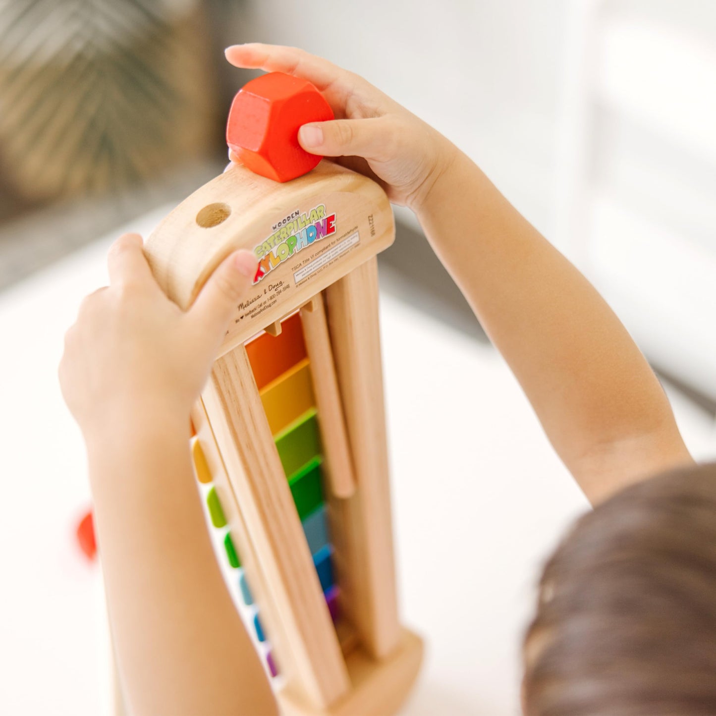 Side view of rainbow colored caterpillar instrument for early childhood learning.