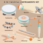 Natural wood baby percussion toys including tambourine and maracas neatly arranged for sensory play