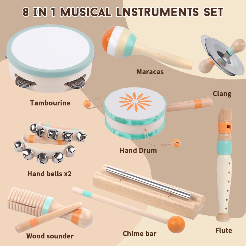 Natural wood baby percussion toys including tambourine and maracas neatly arranged for sensory play