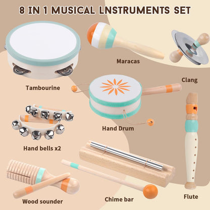 Natural wood baby percussion toys including tambourine and maracas neatly arranged for sensory play