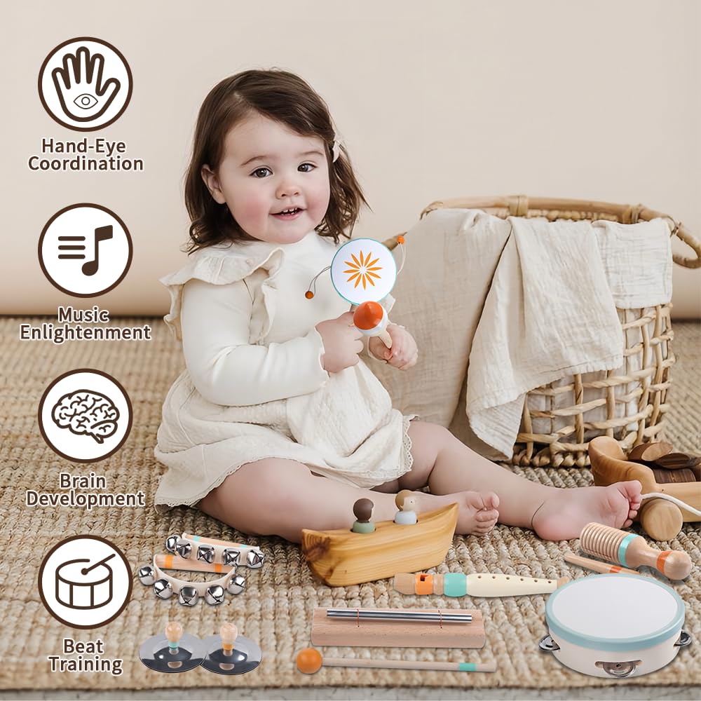 Gender neutral aesthetic wooden music kit for toddlers aged one to three being held by small hands