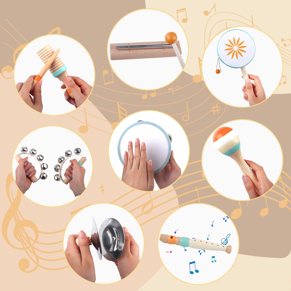 Boho style nursery background featuring the non toxic natural wood baby musical instruments as room decor