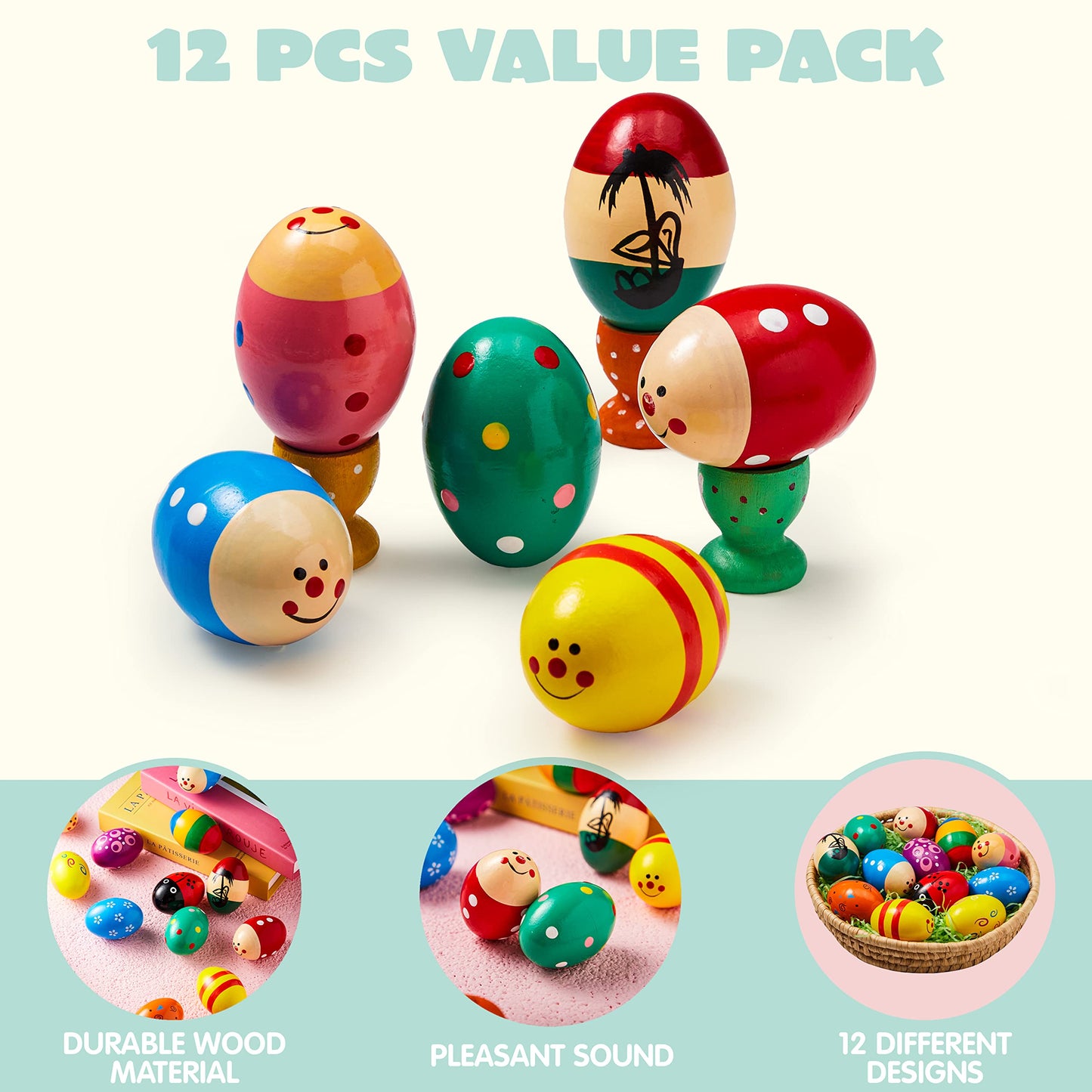 Close up view of the durable natural wood texture and painted details on the egg shakers.