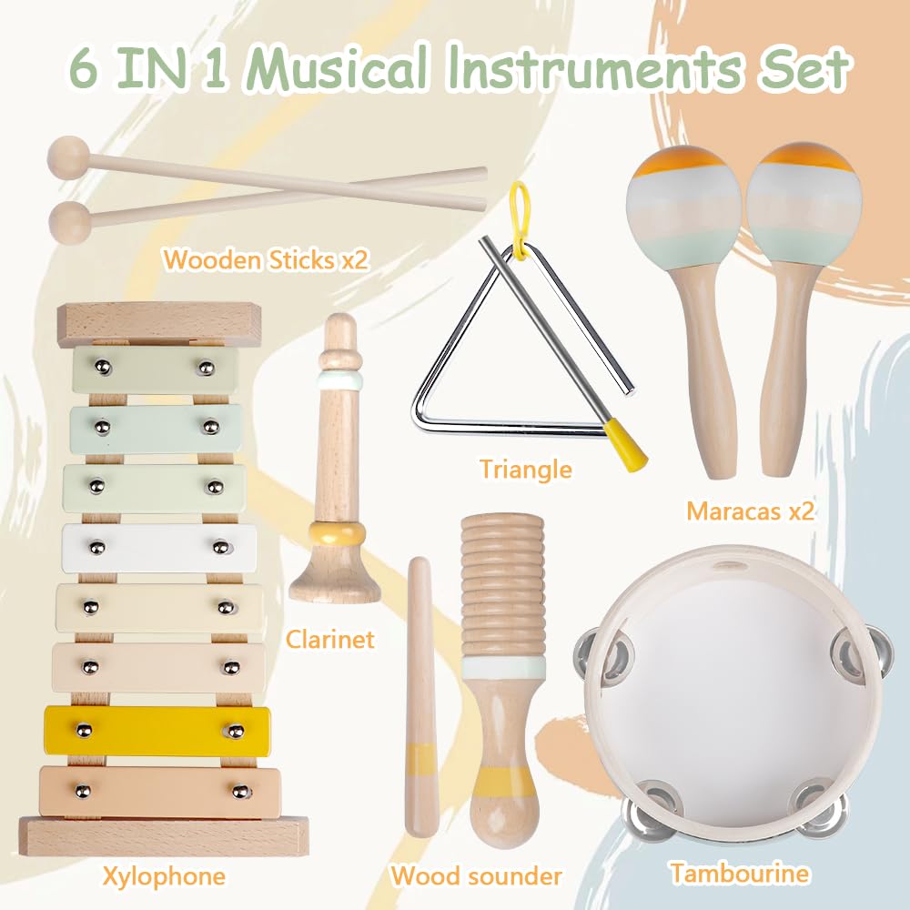 Modern boho xylophone with mallet next to a neutral wooden tambourine and maracas