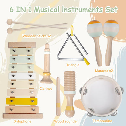 Modern boho xylophone with mallet next to a neutral wooden tambourine and maracas