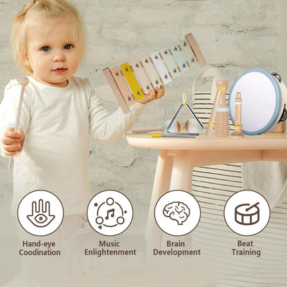 Toddler educational music set featuring non-toxic wood sounder and a triangle with striker