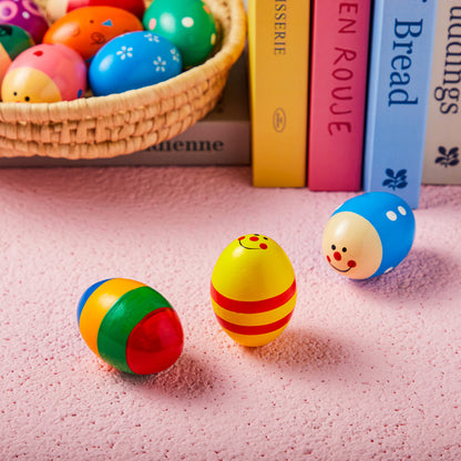 JOYIN multi colored wooden easter egg musical toys packaged and ready for party favors.