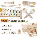 Close-up of the child-safe wooden clarinet and percussion components from the Aliex kit