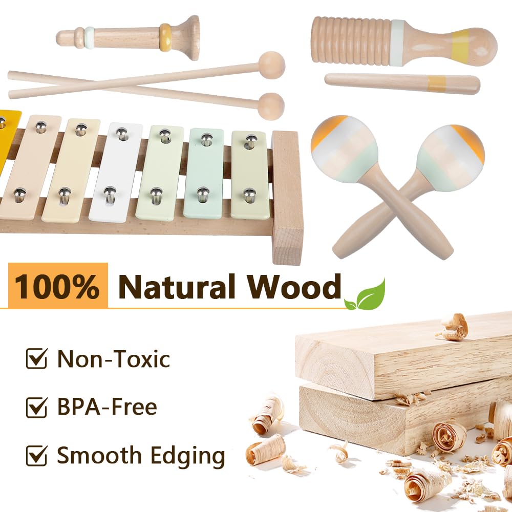 Close-up of the child-safe wooden clarinet and percussion components from the Aliex kit