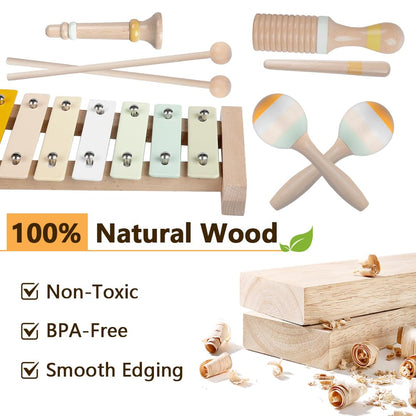Close-up of the child-safe wooden clarinet and percussion components from the Aliex kit