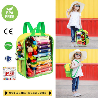 TAIMASI early learning musical instruments organized inside the clear storage backpack