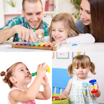 Overview of eighteen different types of kids shaking and tapping instruments