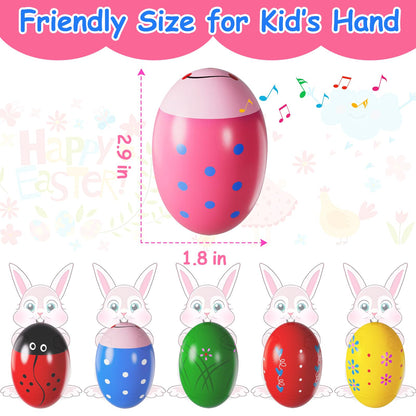 Colorful hand painted wooden egg shakers displayed together for toddlers