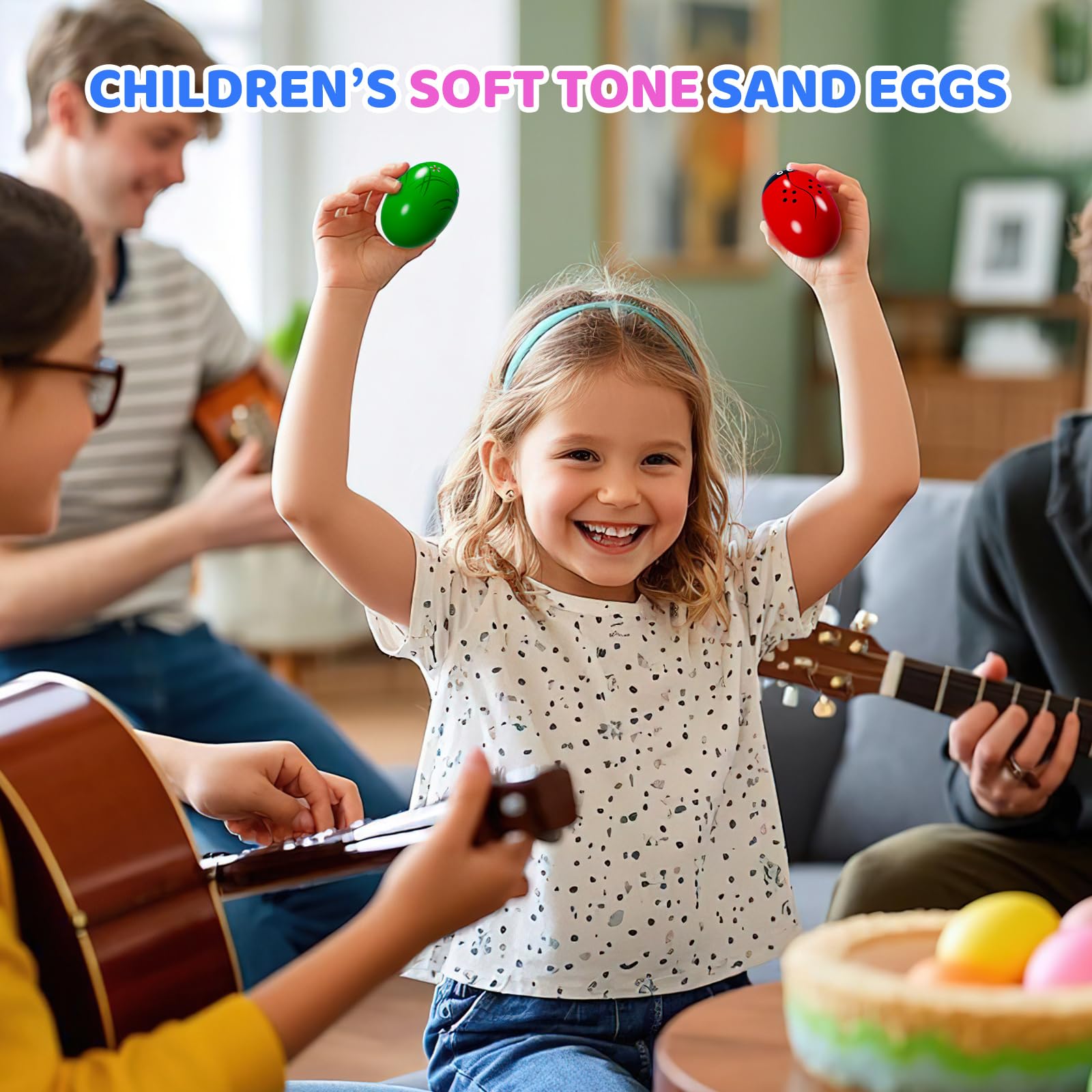 Toddler gripping a natural wood musical egg shaker safely