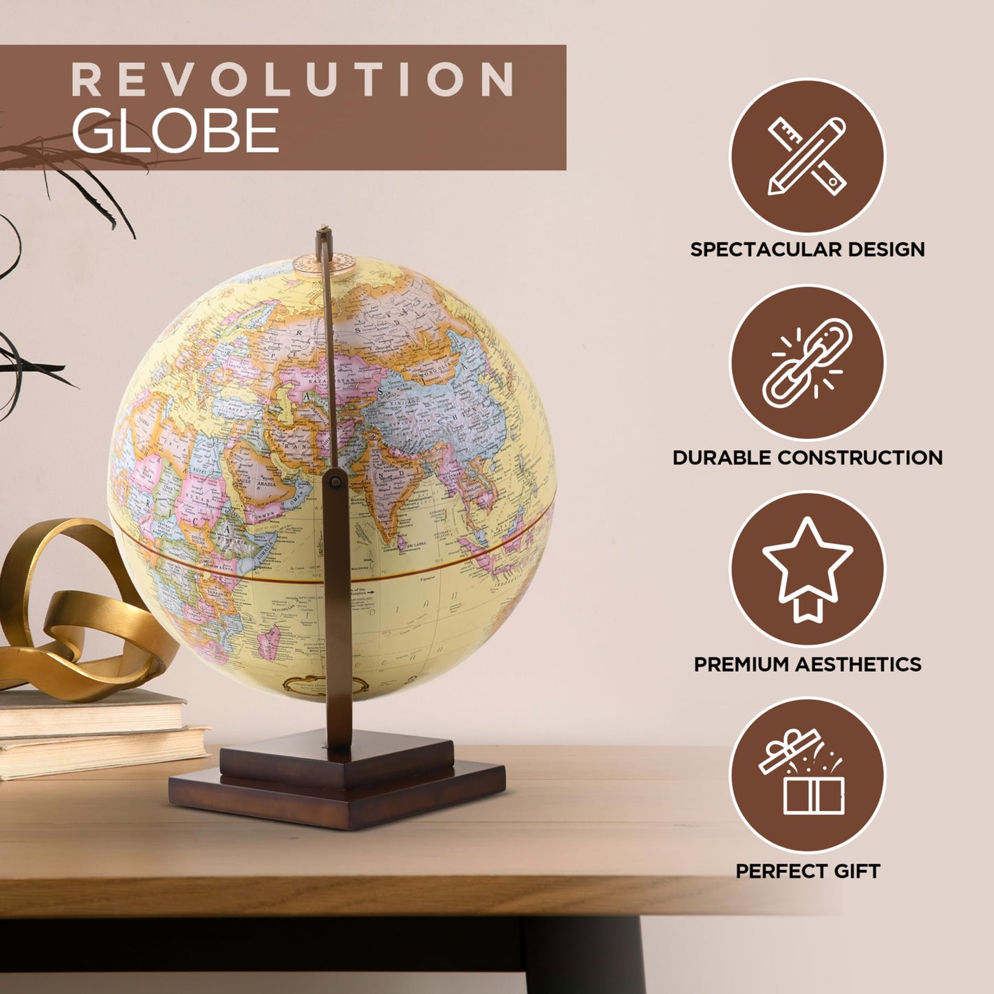 Side view of gyromatic full swing movement on desktop globe