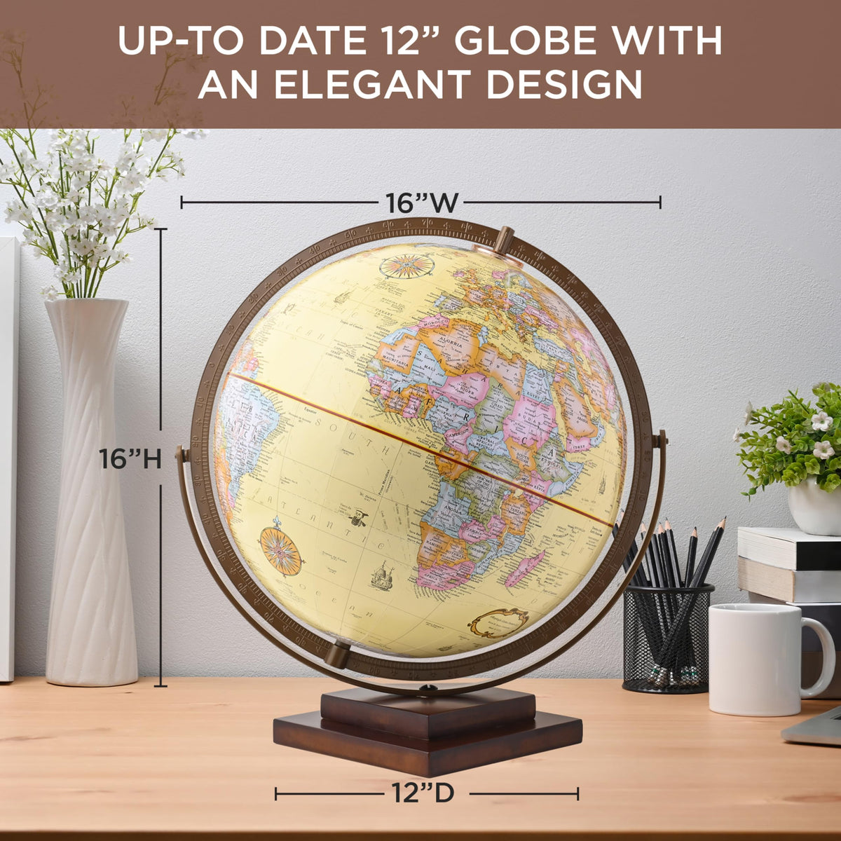 Raised relief texture detail on 12 inch world globe surface