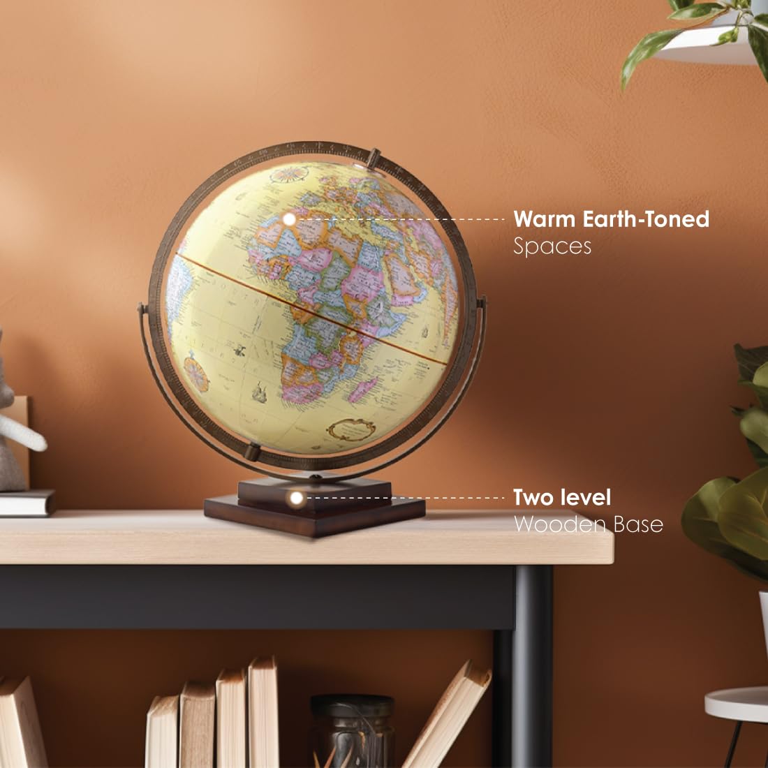 Detailed view of bronze metallic meridian on antique style globe