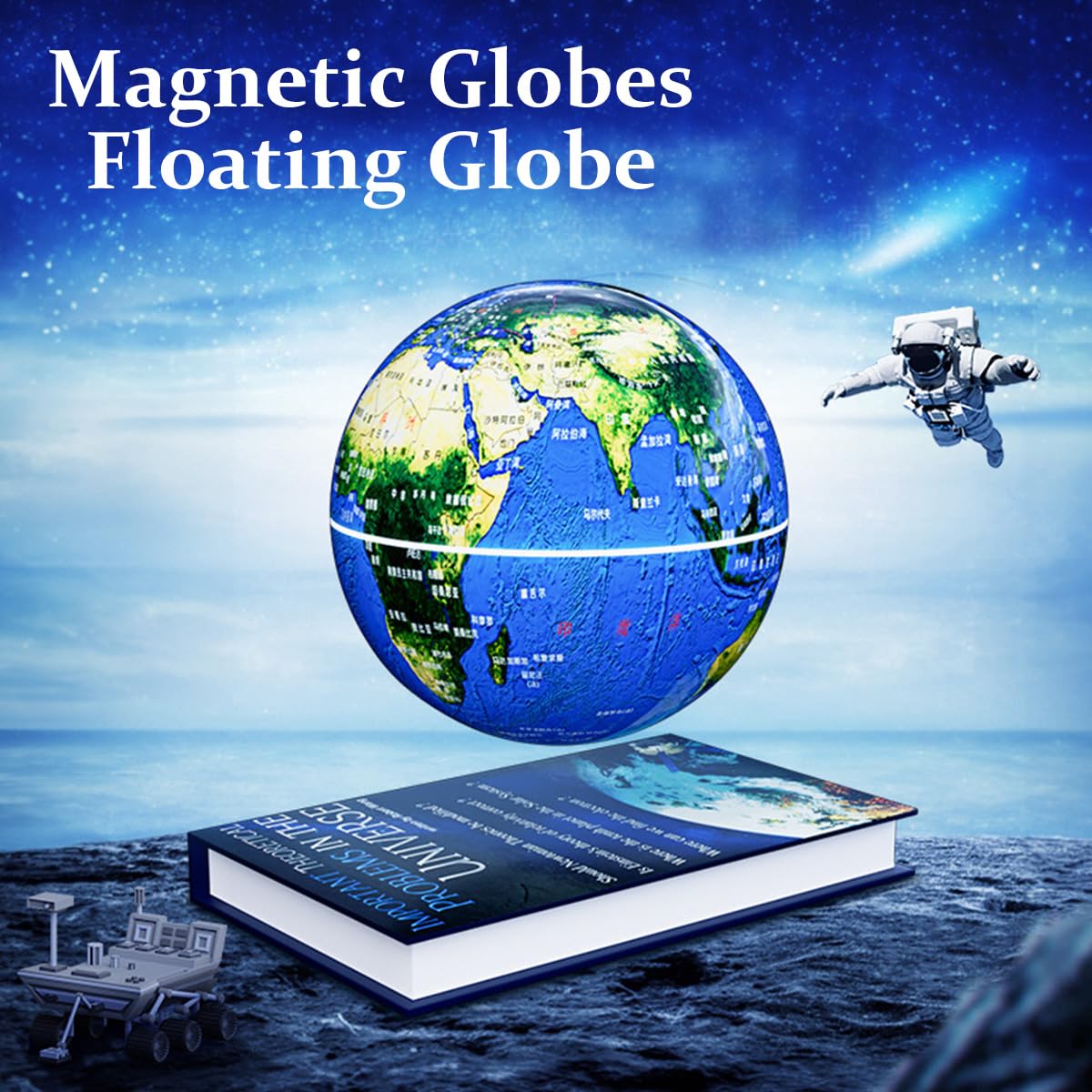 Flagest anti gravity levitating world map showing detailed continents above an illuminated LED base