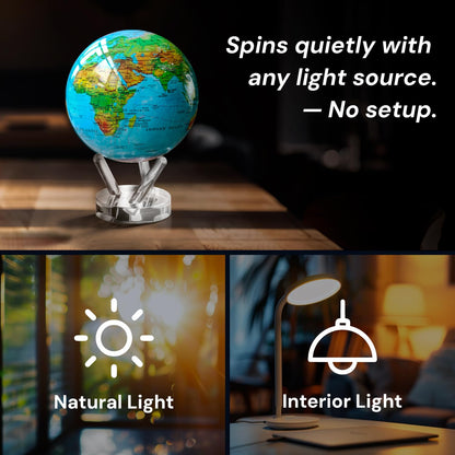MOVA Globe spinning on included clear acrylic display stand