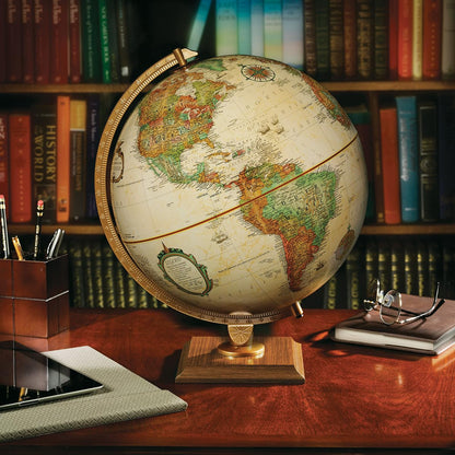 Replogle vintage style world globe showing the sturdy walnut finish hardwood base close up view.