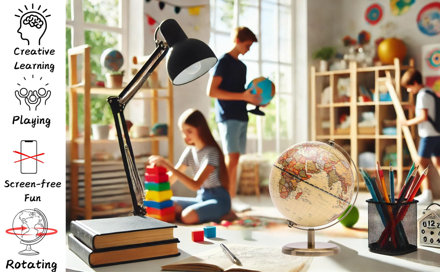 Side profile of Topglobe 5.5 inch rotating world globe