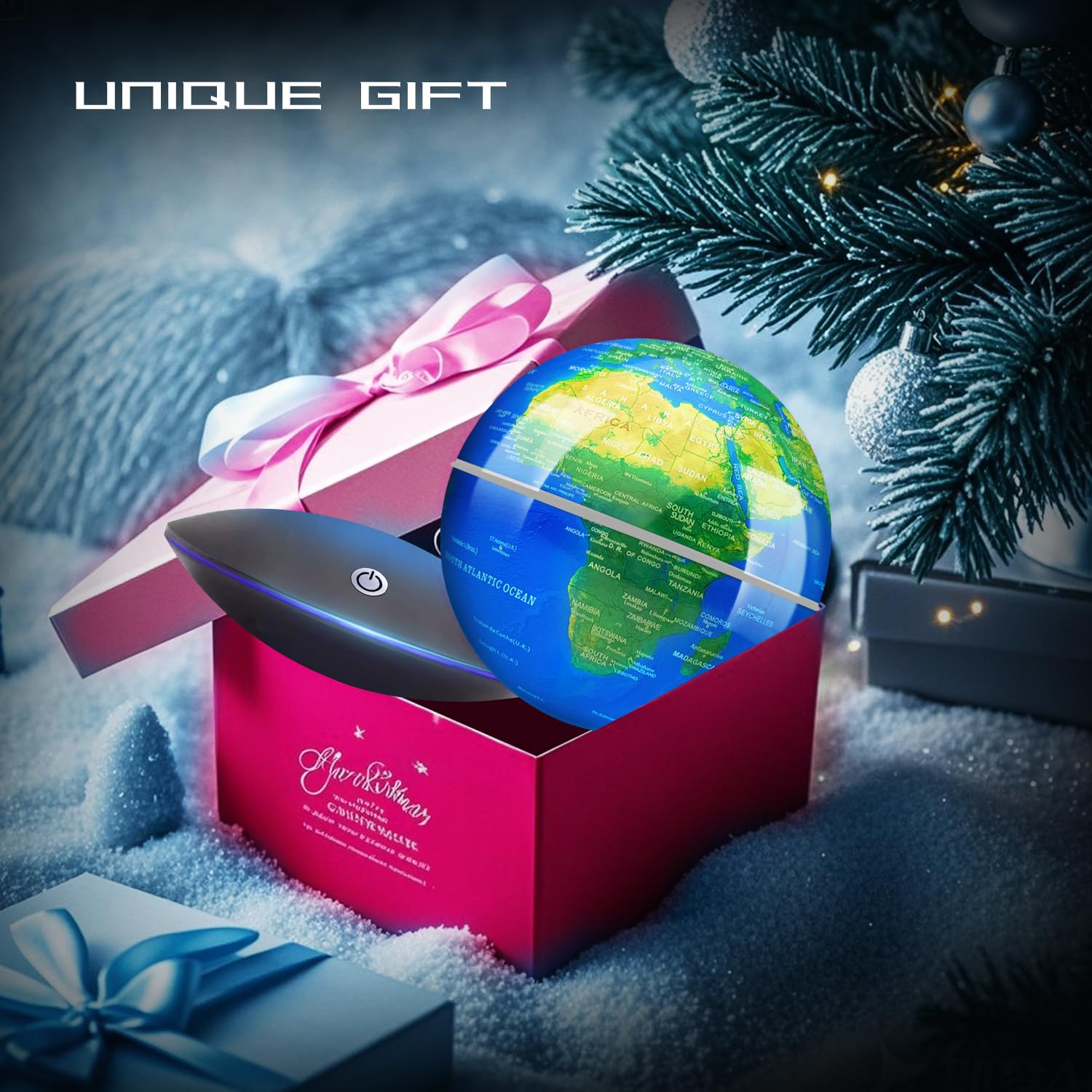 Using the included easy installation tool to balance and position the Poojaed world map sphere onto the magnetic field.