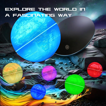Lifestyle display of the authentic USA imported Poojaed rotating world globe lamp functioning as a stylish nightlight in a home living room.