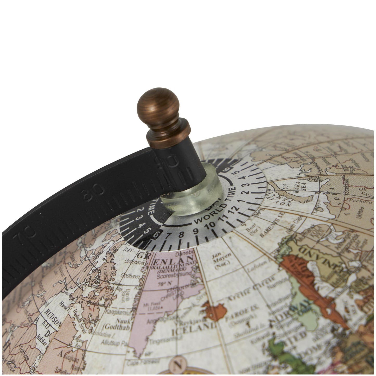 Detailed view of the black meridian and brass colored accents