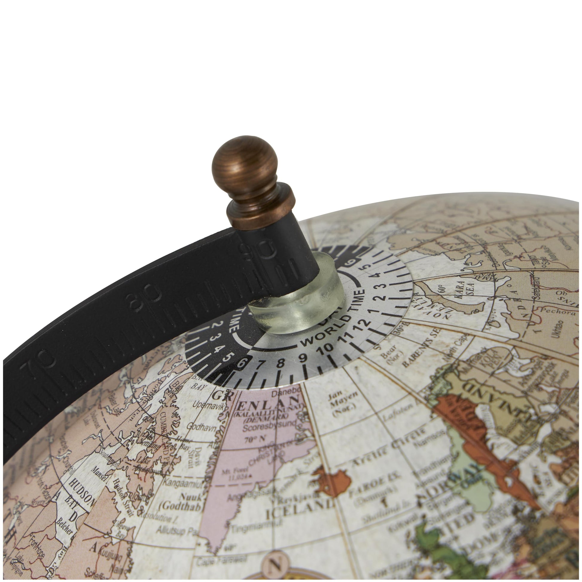 Detailed view of the black meridian and brass colored accents