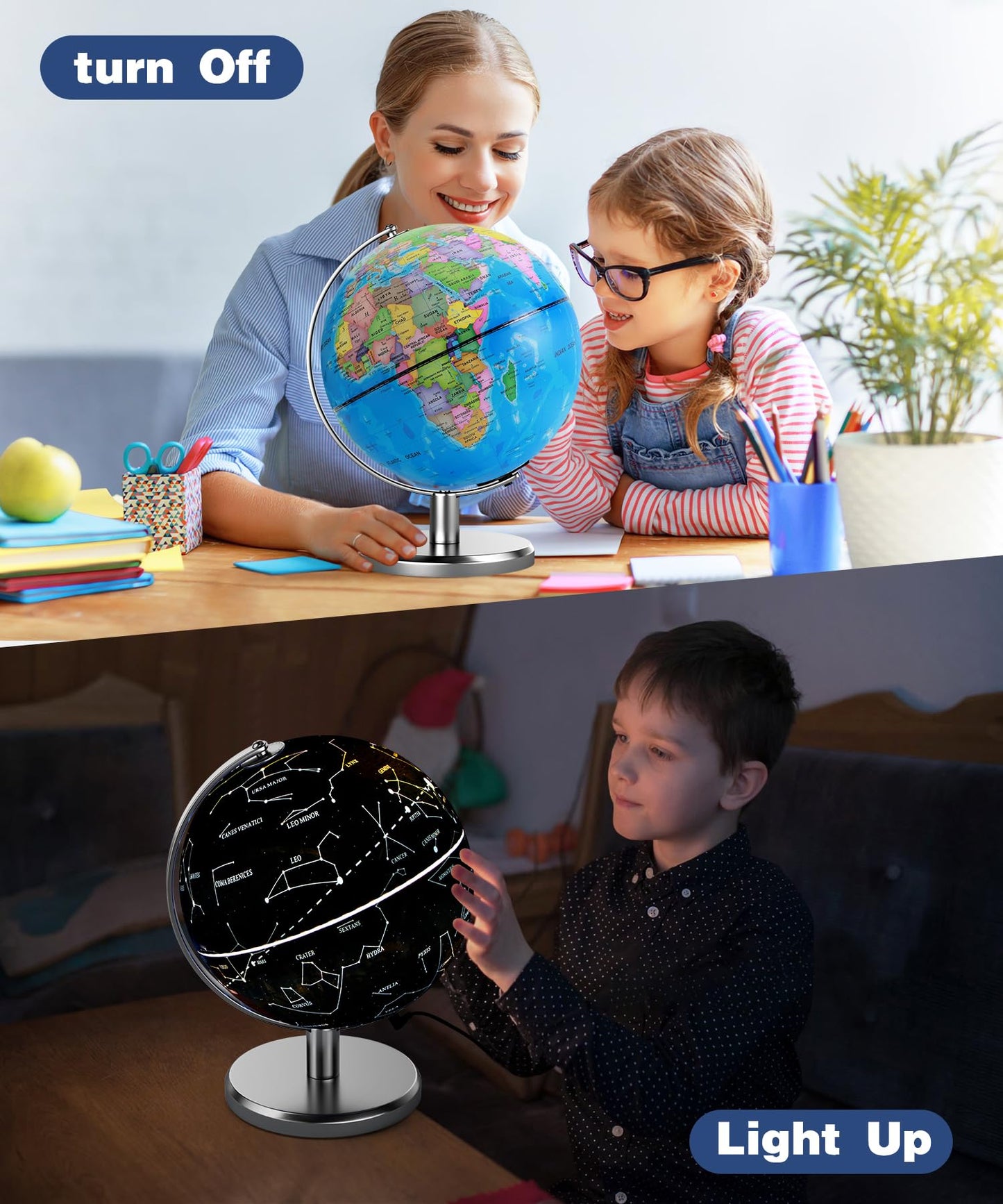 JOWHOL constellation night light world globe standing on a home office desk